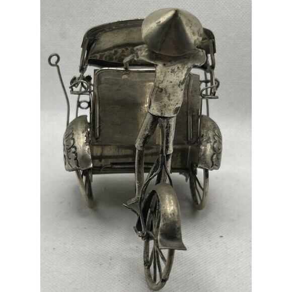 Rickshaw Figure Asian Silver Tone Metal Folk Art Vintage Pedicab Hand Crafted - Picture 4 of 5